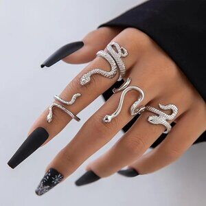 Snake Rings 4pc Set Finger Silver Alloy Metal Goth Punk Unisex Serpent Statement